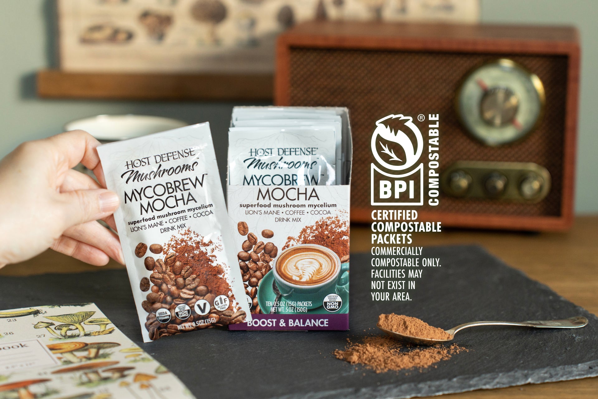 Host Defense® MycoBrew® Packets are BPI Certified Commercially Compostable!