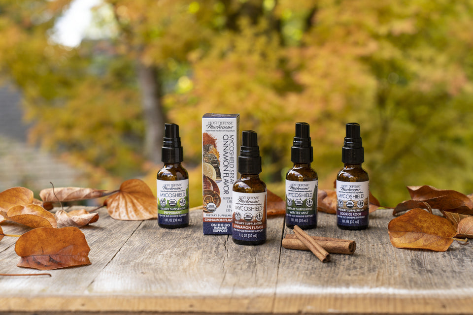 Host Defense MycoShield Throat Spray, a natural immune support throat spray lineup with Cinnamon, Peppermint, Licorice, and Winter Mist flavors outdoors in autumn. 