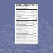 A supplement facts label styled like a nutrition panel, centered on a muted blue background with white botanical line art.