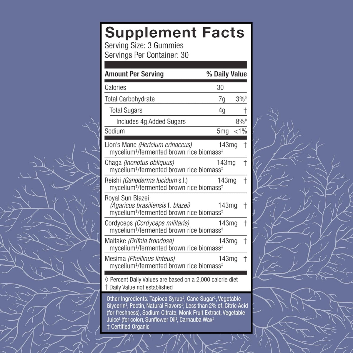 A supplement facts label styled like a nutrition panel, centered on a muted blue background with white botanical line art.