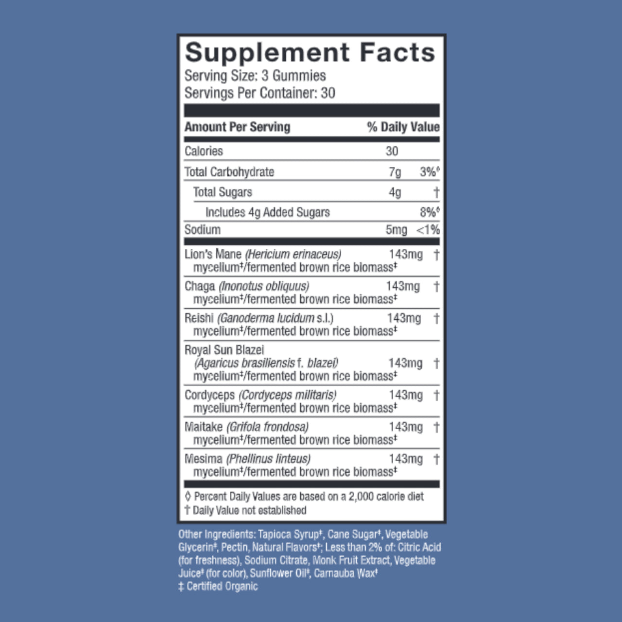 Supplement facts label on a blue background