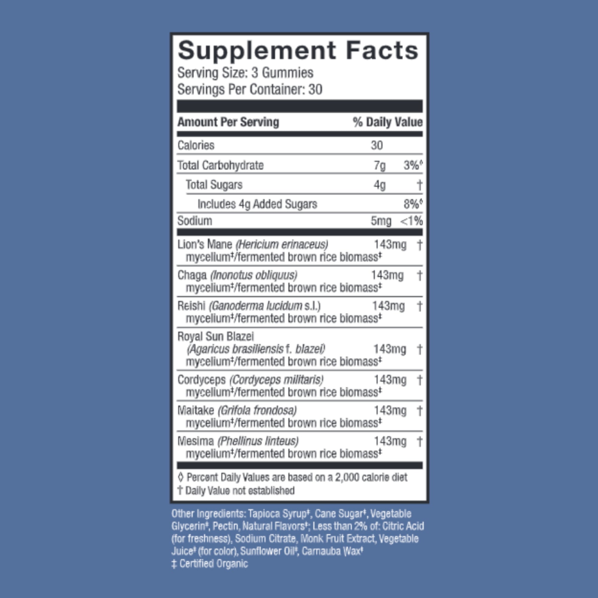 Supplement facts label on a blue background