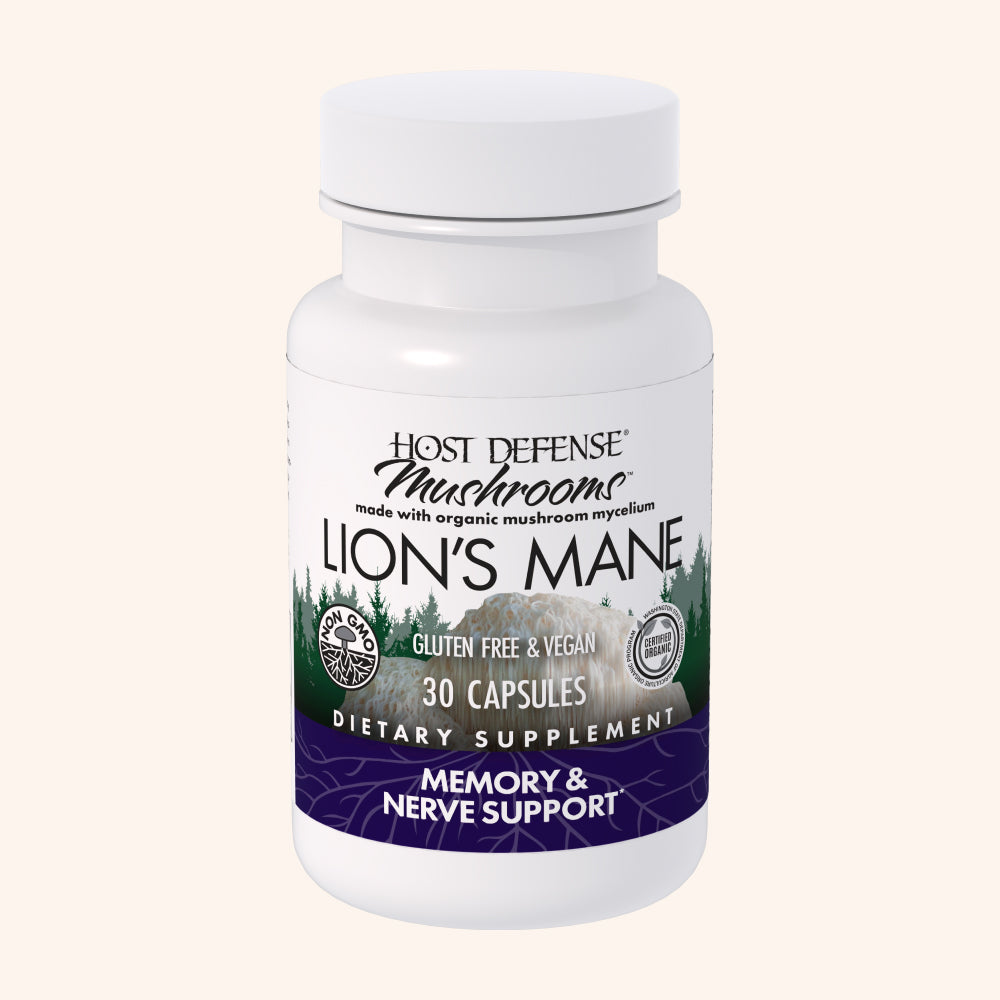 Lion's Mane Capsules, 30-count bottle, front view of bottle.