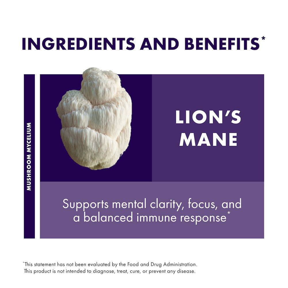 Lion's Mane capsules, 60-count bottle, Ingredients and Benefits.