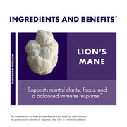 Lion's Mane capsules, 120-count bottle, Ingredients and Benefits.