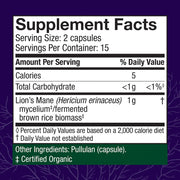 Lion's Mane capsules, 30-count bottle, supplement facts.