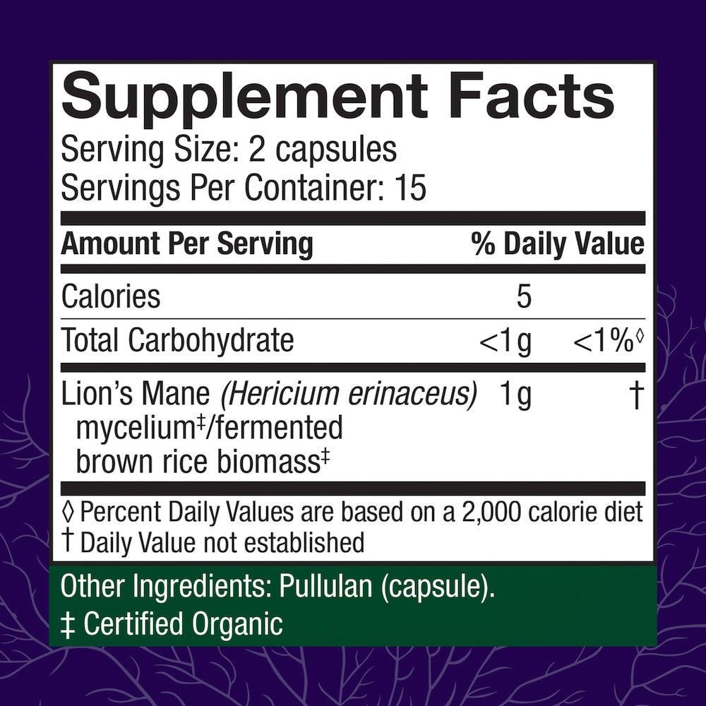 Lion's Mane capsules, 30-count bottle, supplement facts.