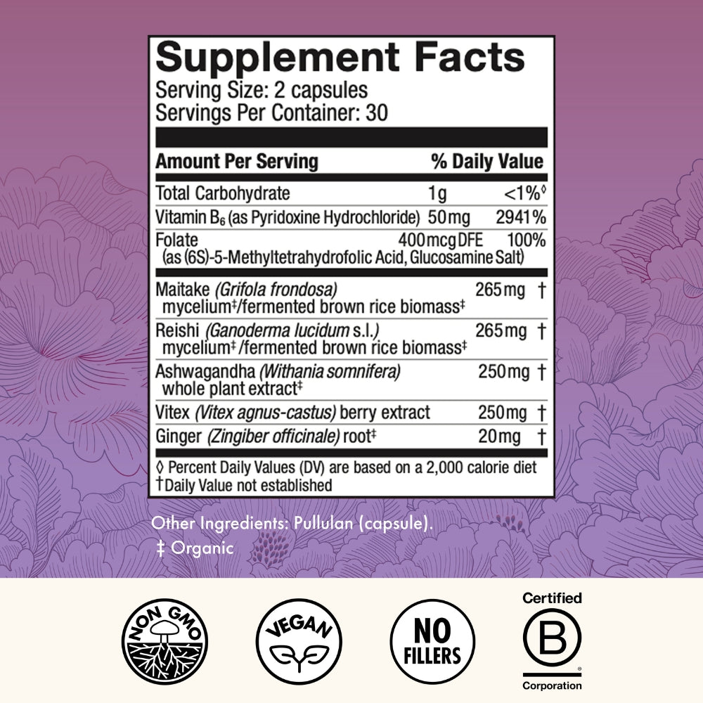 Supplement facts label with purple floral background