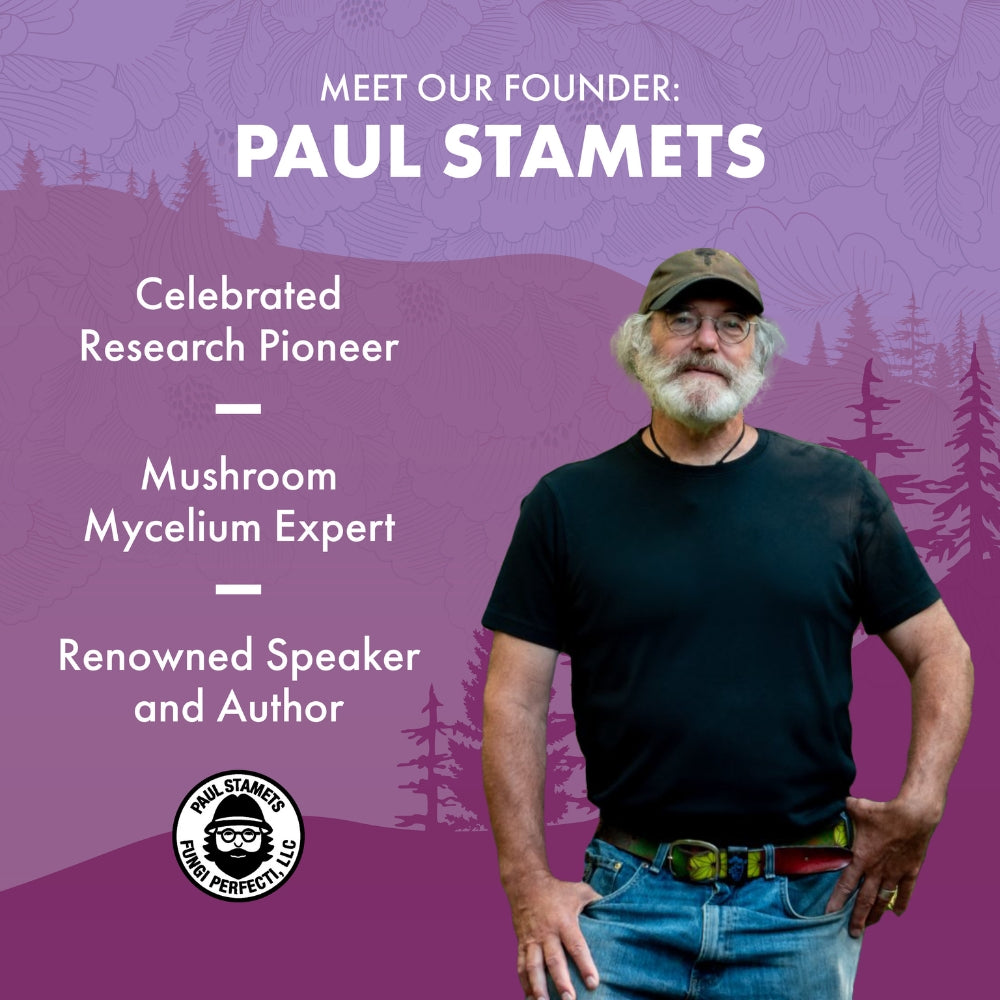 Man standing in front of a purple background with text about Paul Stamets, a mushroom mycelium expert.