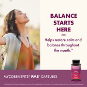 Advertisement for MYCOBENEFITS PMS capsules with a woman standing outdoors and text about product benefits.