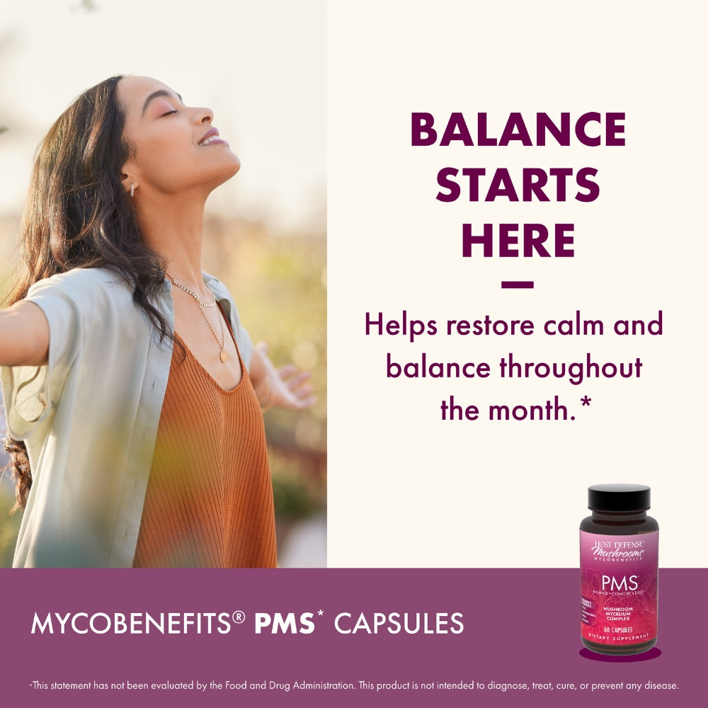 Advertisement for MYCOBENEFITS PMS capsules with a woman standing outdoors and text about product benefits.