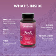 Supplement bottle labeled 'PMS' with ingredients listed on a purple floral background