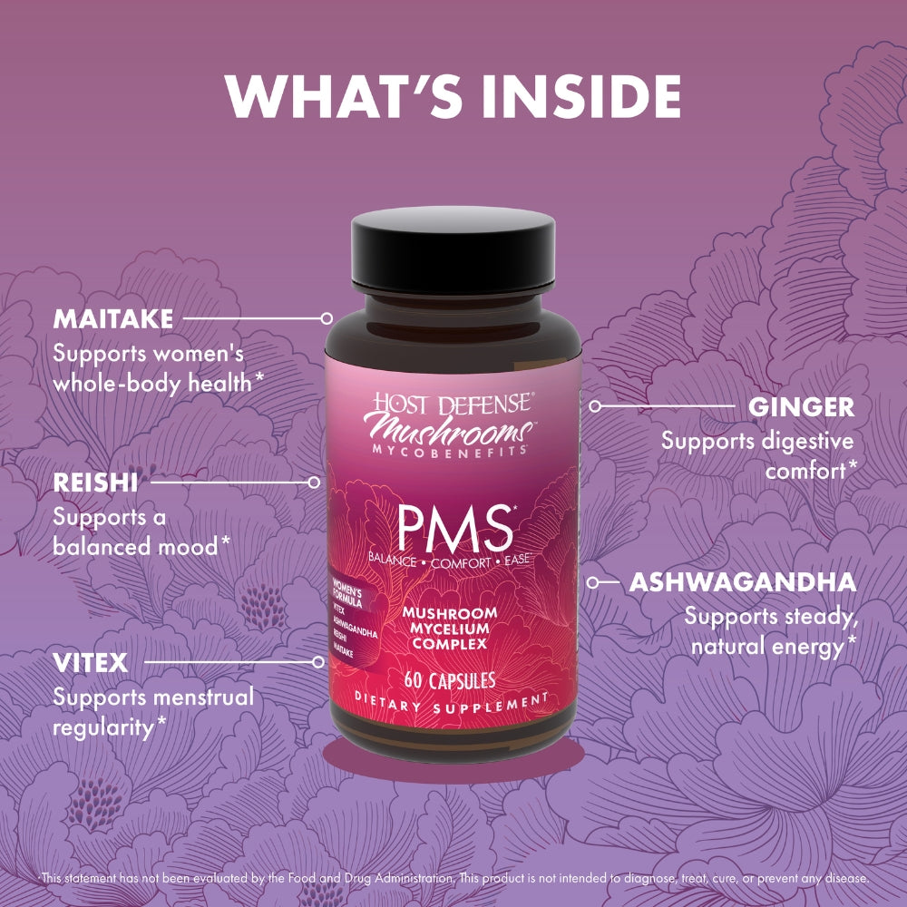 Supplement bottle labeled 'PMS' with ingredients listed on a purple floral background