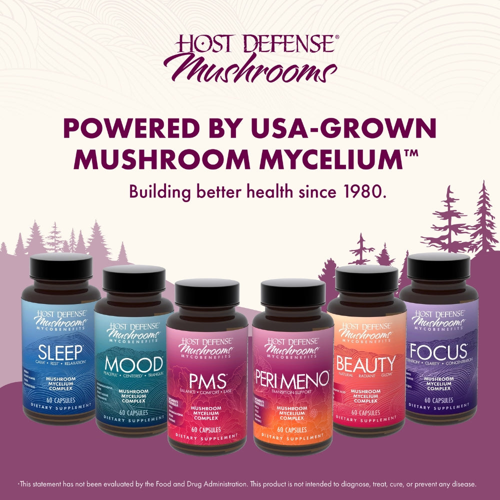 Host Defense Mushrooms supplement bottles on a purple background with tree graphics.