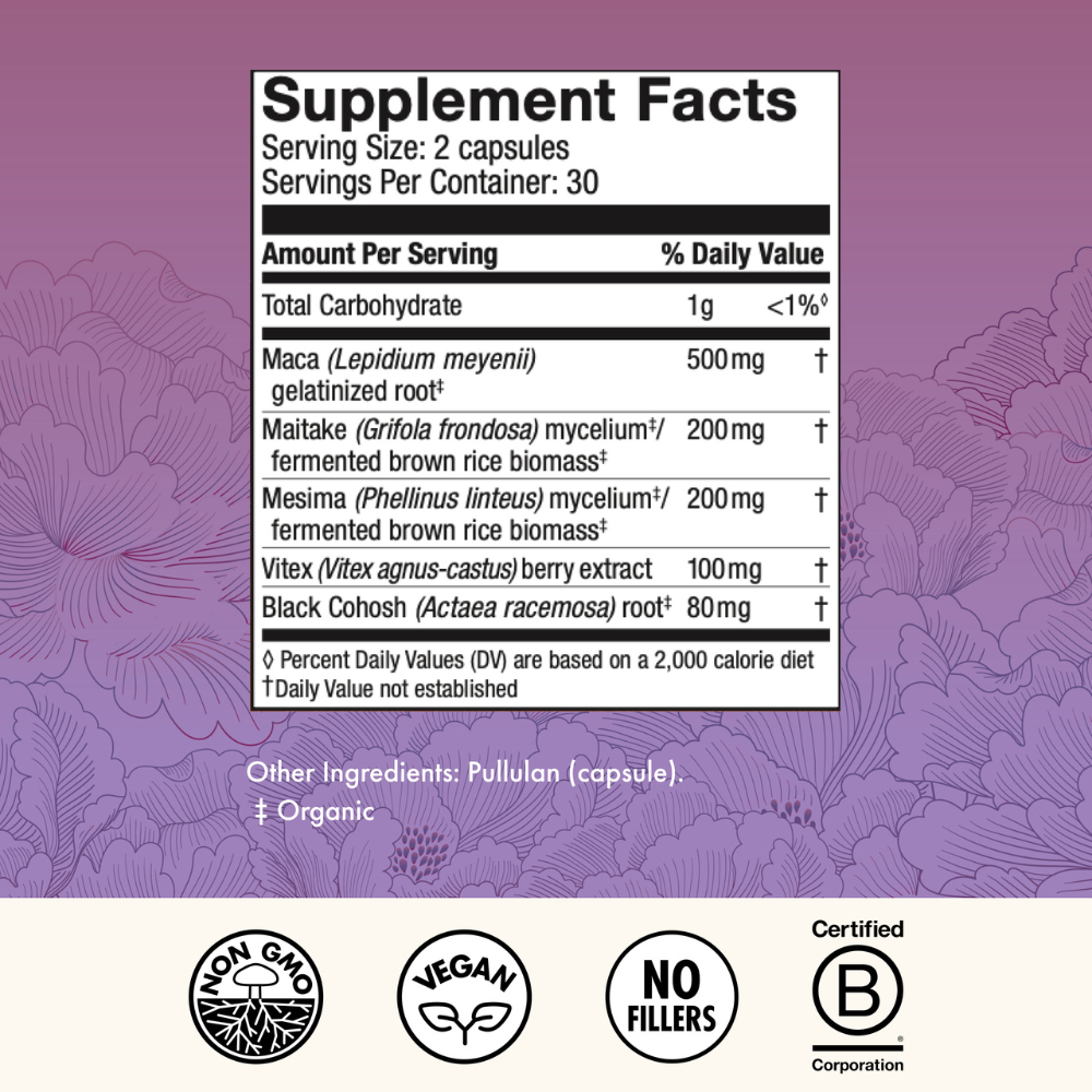 Supplement facts label with a purple floral background