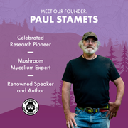 Man standing in front of a purple background with text about Paul Stamets, a mushroom mycelium expert.