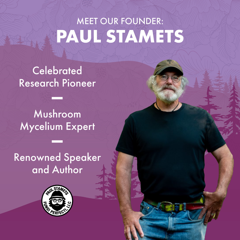 Man standing in front of a purple background with text about Paul Stamets, a mushroom mycelium expert.