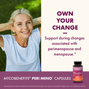 Advertisement for MYCOBENEFITS PERI MENO CAPSULES with a woman stretching outdoors and product packaging.