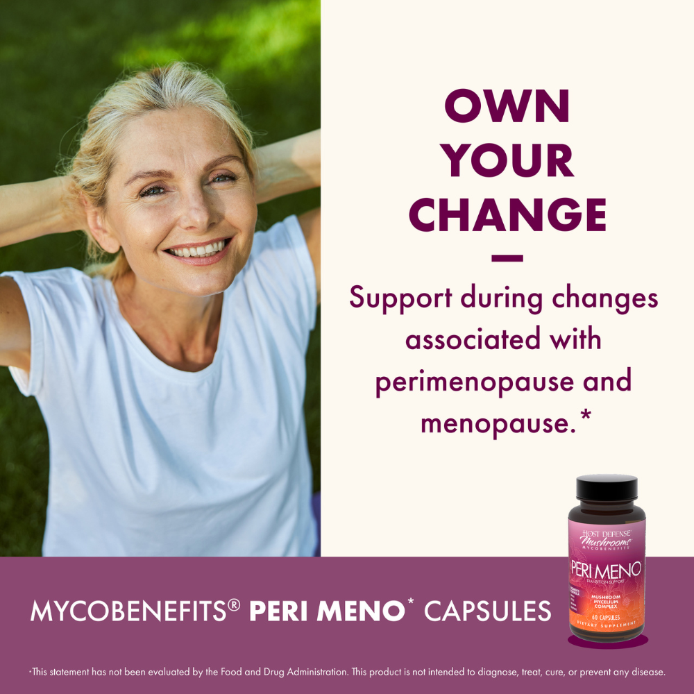 Advertisement for MYCOBENEFITS PERI MENO CAPSULES with a woman stretching outdoors and product packaging.