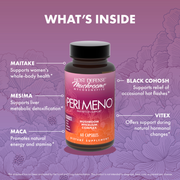 Supplement bottle labeled 'Peri Meno' with ingredients listed on a purple floral background