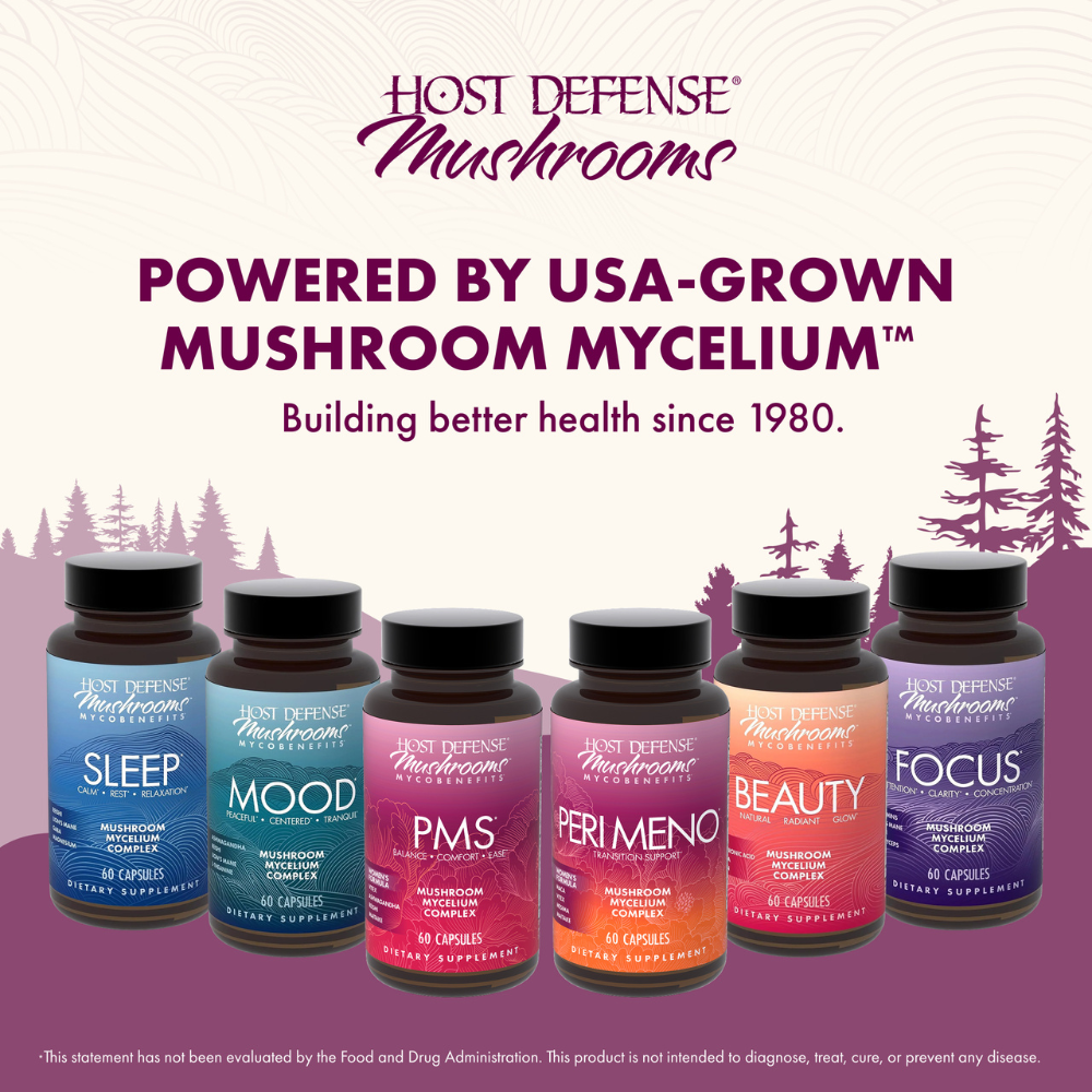 Host Defense Mushrooms supplement bottles on a purple background with tree graphics.