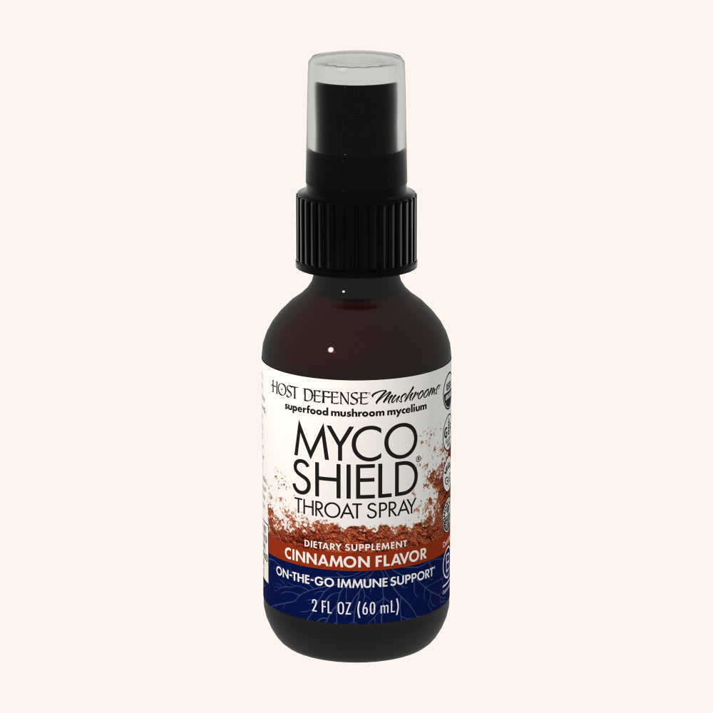 MycoShield Cinnamon Throat Spray, 2 fl oz bottle, Host Defense Mushrooms ad.