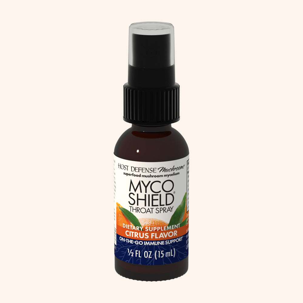 MycoShield Citrus Throat Spray, 1/2 fl oz bottle, front view showing label.