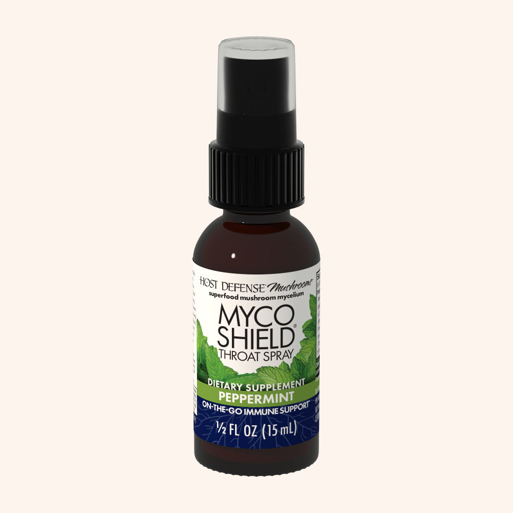 MycoShield Peppermint Throat Spray, 1/2 fl oz bottle, front view showing label.