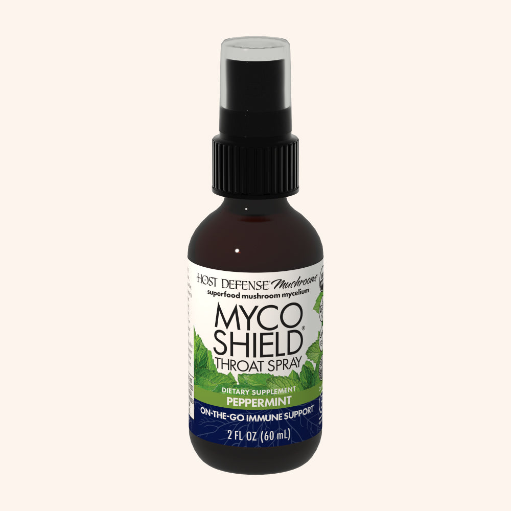 MycoShield Peppermint Throat Spray, 1 fl oz bottle, Host Defense Mushrooms ad.