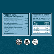 Product facts and directions panel for a pet supplement on a dark teal background, with product details, dosage instructions by pet weight, and icons for non-GMO, no fillers, and vegan.