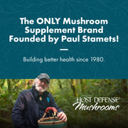 Promotional graphic for Host Defense Mushrooms featuring a dark teal upper section with white text reading 'The ONLY Mushroom Supplement Brand Founded by Paul Stamets!' and 'Building better health since 1980.' The lower section shows Paul Stamets outdoors holding a basket, with the Host Defense Mushrooms logo in the lower right.