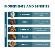 An infographic titled 'INGREDIENTS AND BENEFITS' showing five mushroom varieties with photos and text labels: Lion's Mane, Reishi, Turkey Tail, Chaga, and Maitake, each paired with a dark teal text box on a white background.