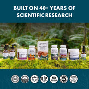 A lineup of various supplement bottles and boxes from Super Roots Wellness arranged on a bed of green moss, with a dark teal background featuring the text 'BUILT ON 40+ YEARS OF SCIENTIFIC RESEARCH' at the top and certification badges at the bottom.