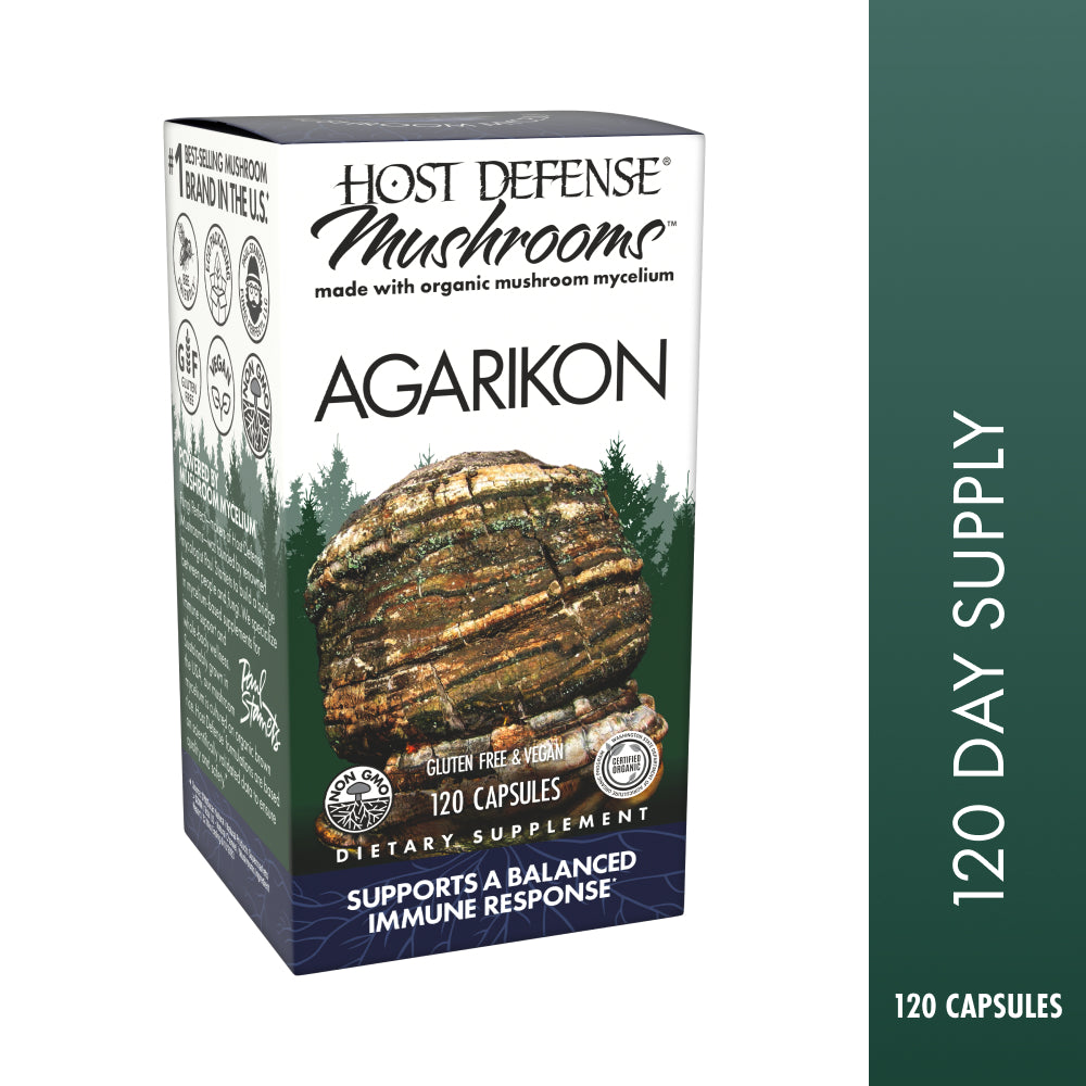 Agarikon capsules, 120-count bottle, front view of box.