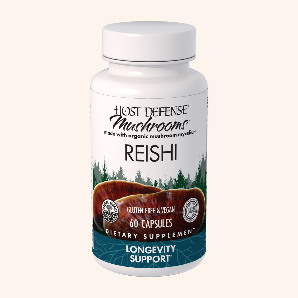 Reishi capsules, 60-count bottle, front view showing label.