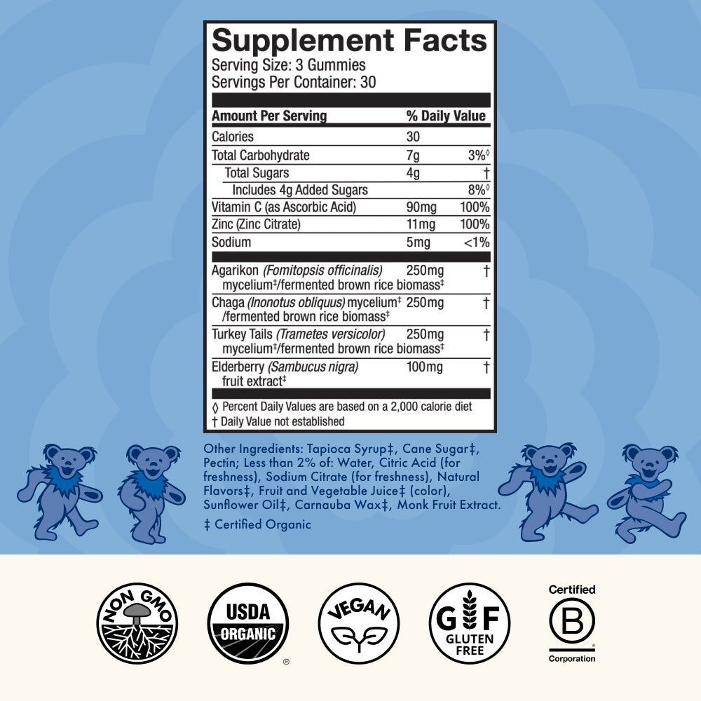 Grateful Dead Gummies - Beary Well,  90-count bag, supplement facts.