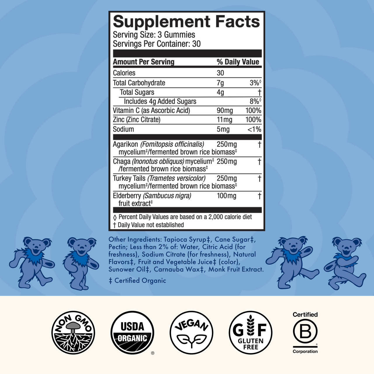 Grateful Dead Gummies - Beary Well,  90-count bag, supplement facts.