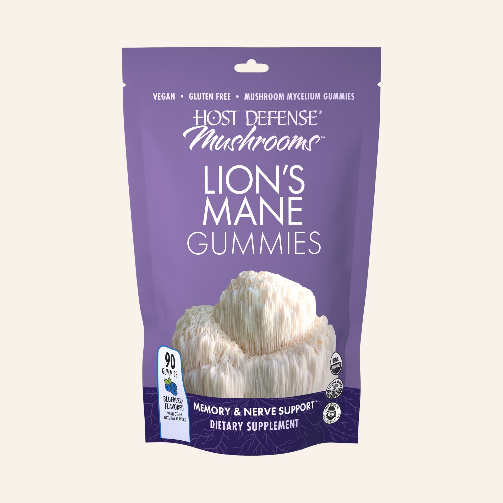 Host Defense® Lion’s Mane Gummies
 - Blueberry,  90-count bag, front view of bag.