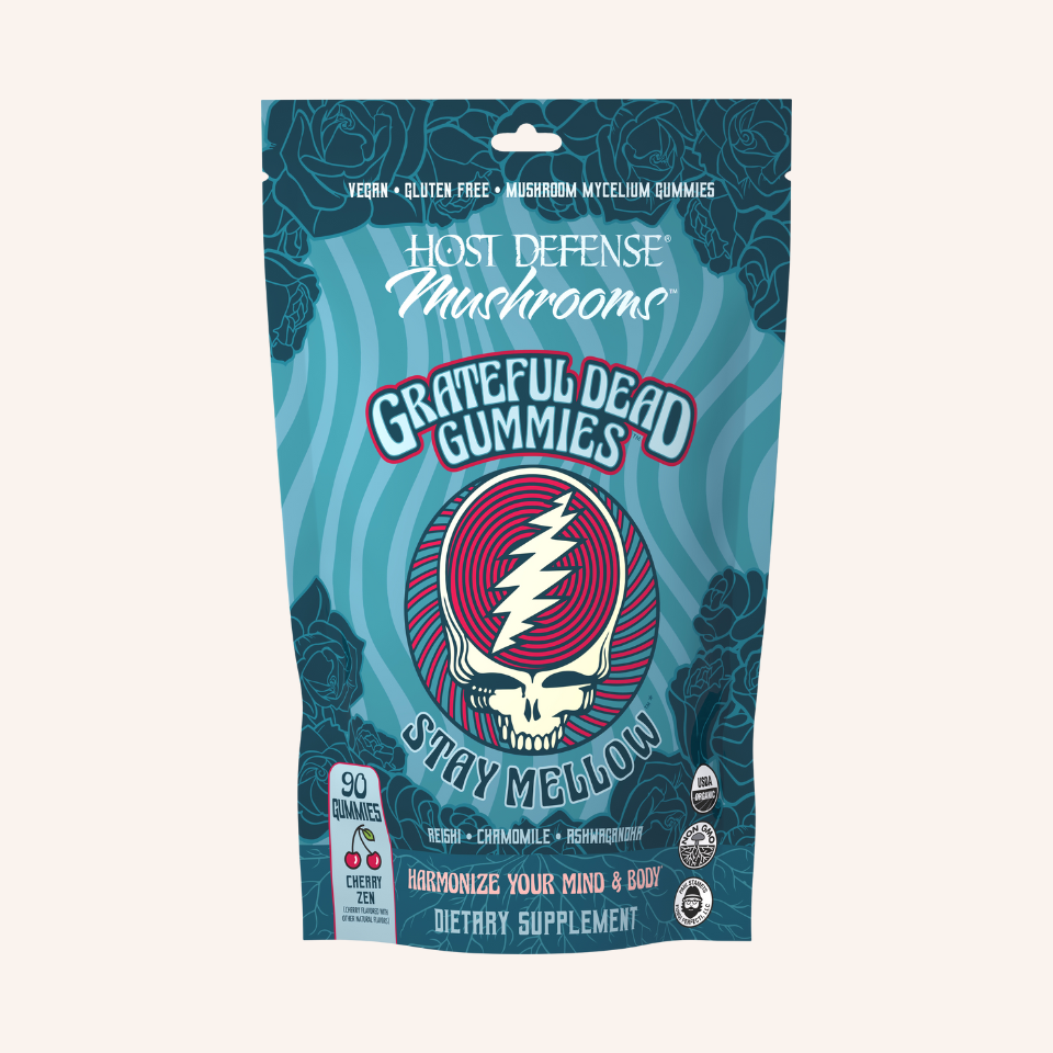 Grateful Dead Gummies - Stay Mellow,  90-count bag, front view of bag.