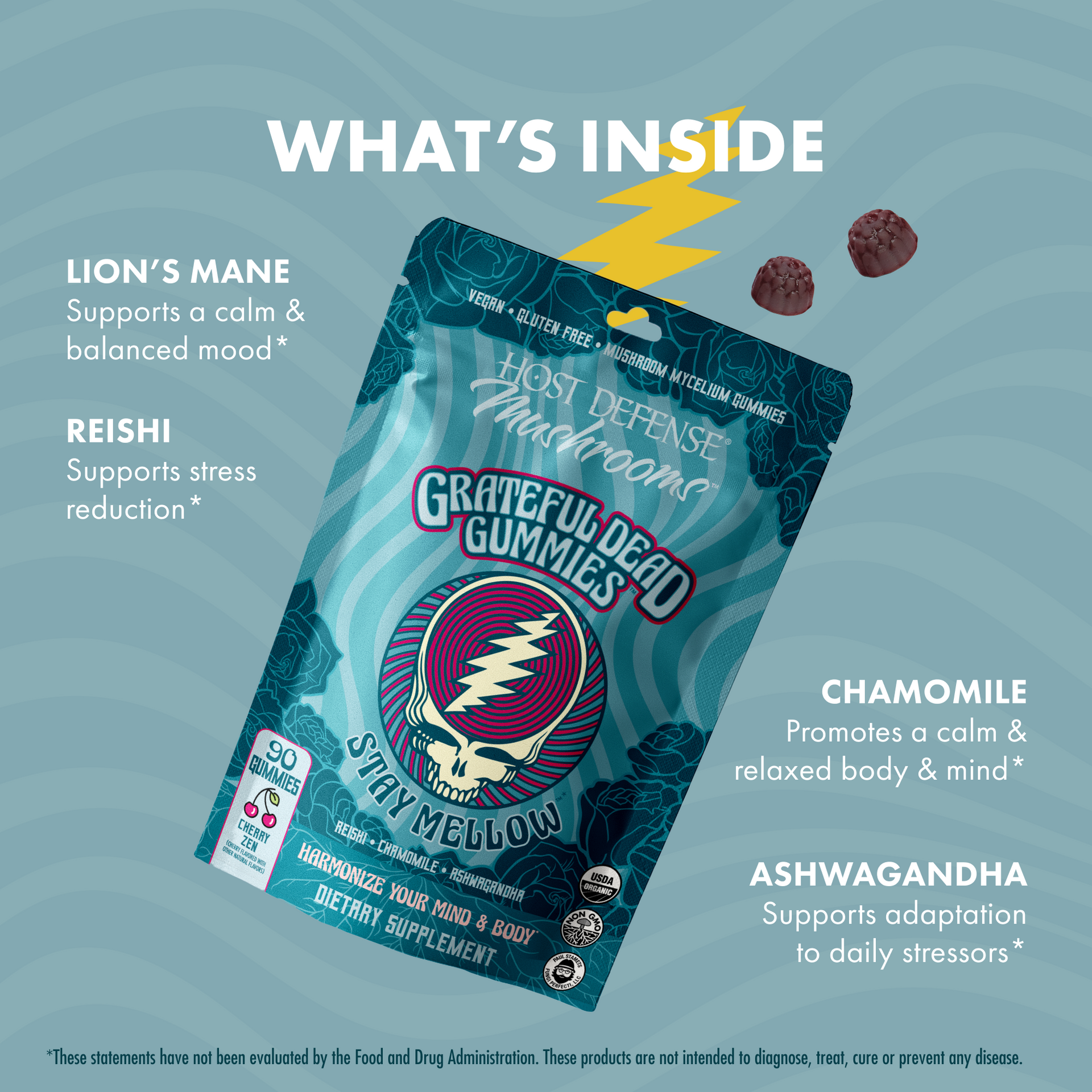 Grateful Dead Gummies - Stay Mellow,  90-count bag, Whats Inside.