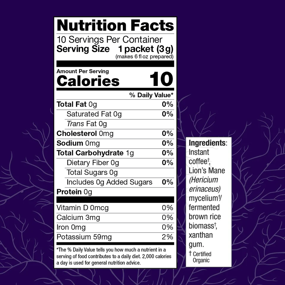 MycoBrew Coffee, 1 oz box, Nutrition Facts.