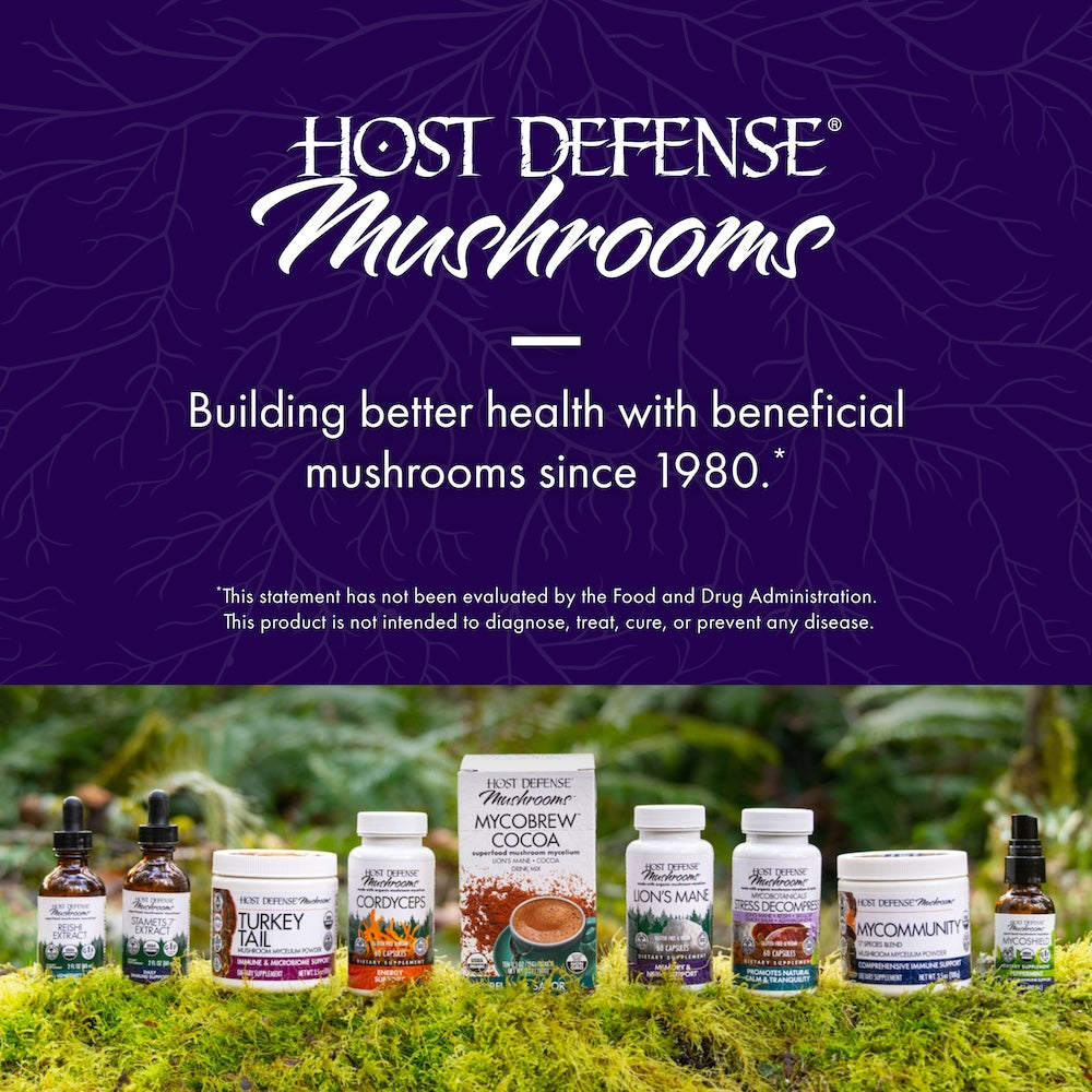 MycoBrew Cocoa, Three 5 oz boxes, Host Defense Mushrooms ad.