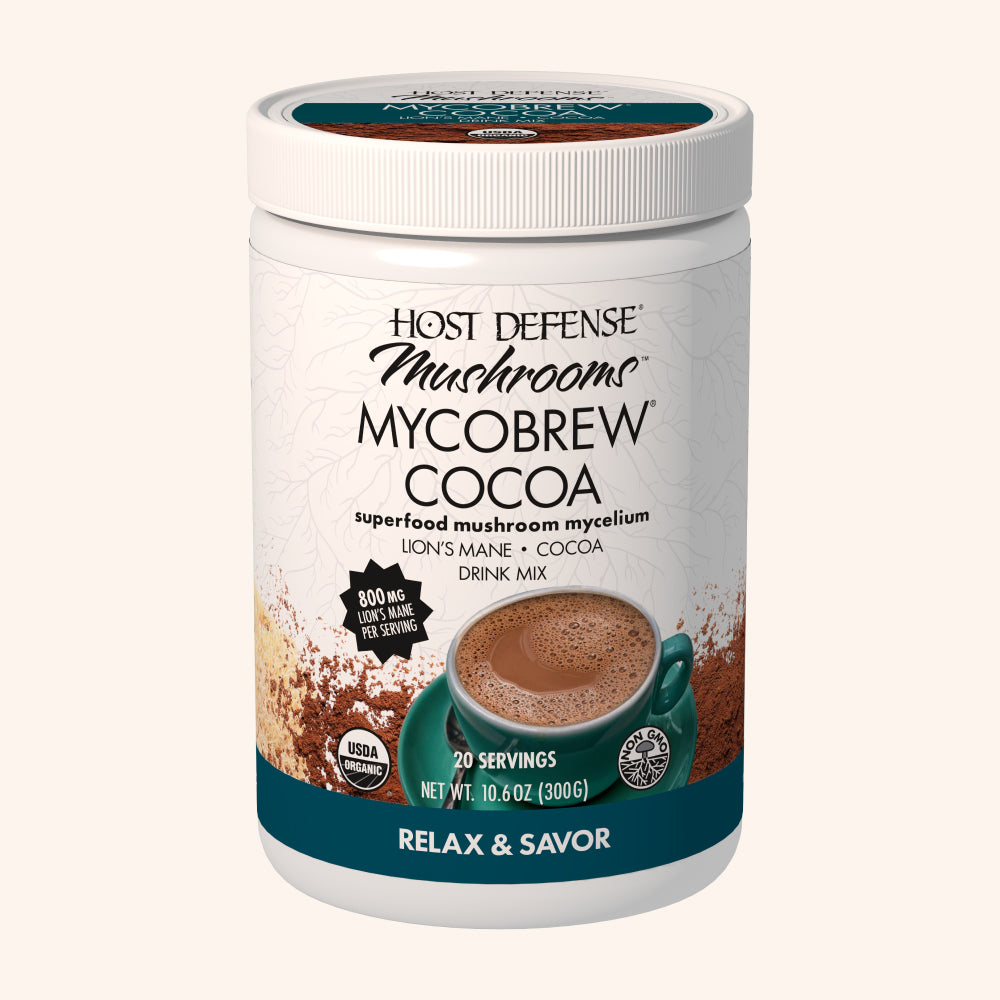 MycoBrew Cocoa, 10.6 oz container, front view showing label.