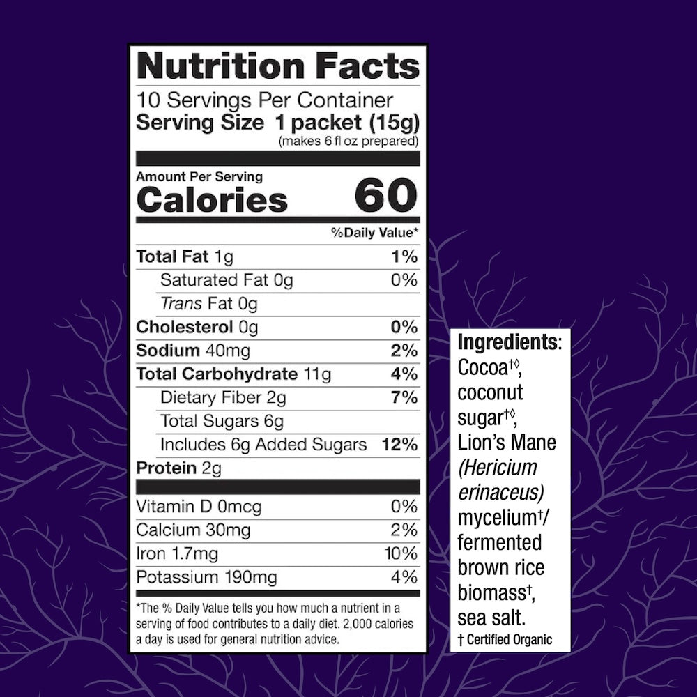 MycoBrew Cocoa, 10.6 oz box, Nutrition Facts.