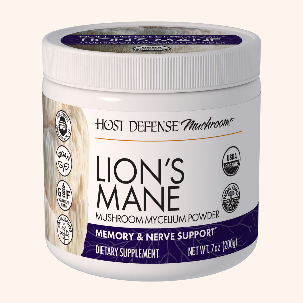 Lion's Mane Powder, 3.5oz container, Host Defense Mushrooms ad.