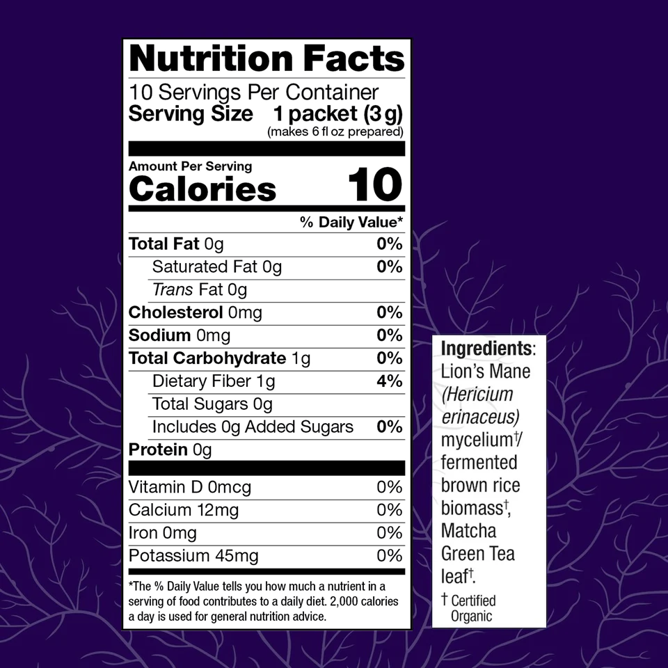 MycoBrew Matcha, Three 1 oz boxes, Nutrition Facts.