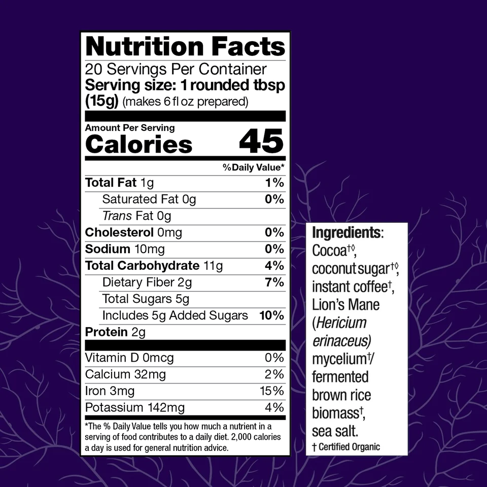 MycoBrew® Mocha, 10.6oz, Nutrition Facts.
