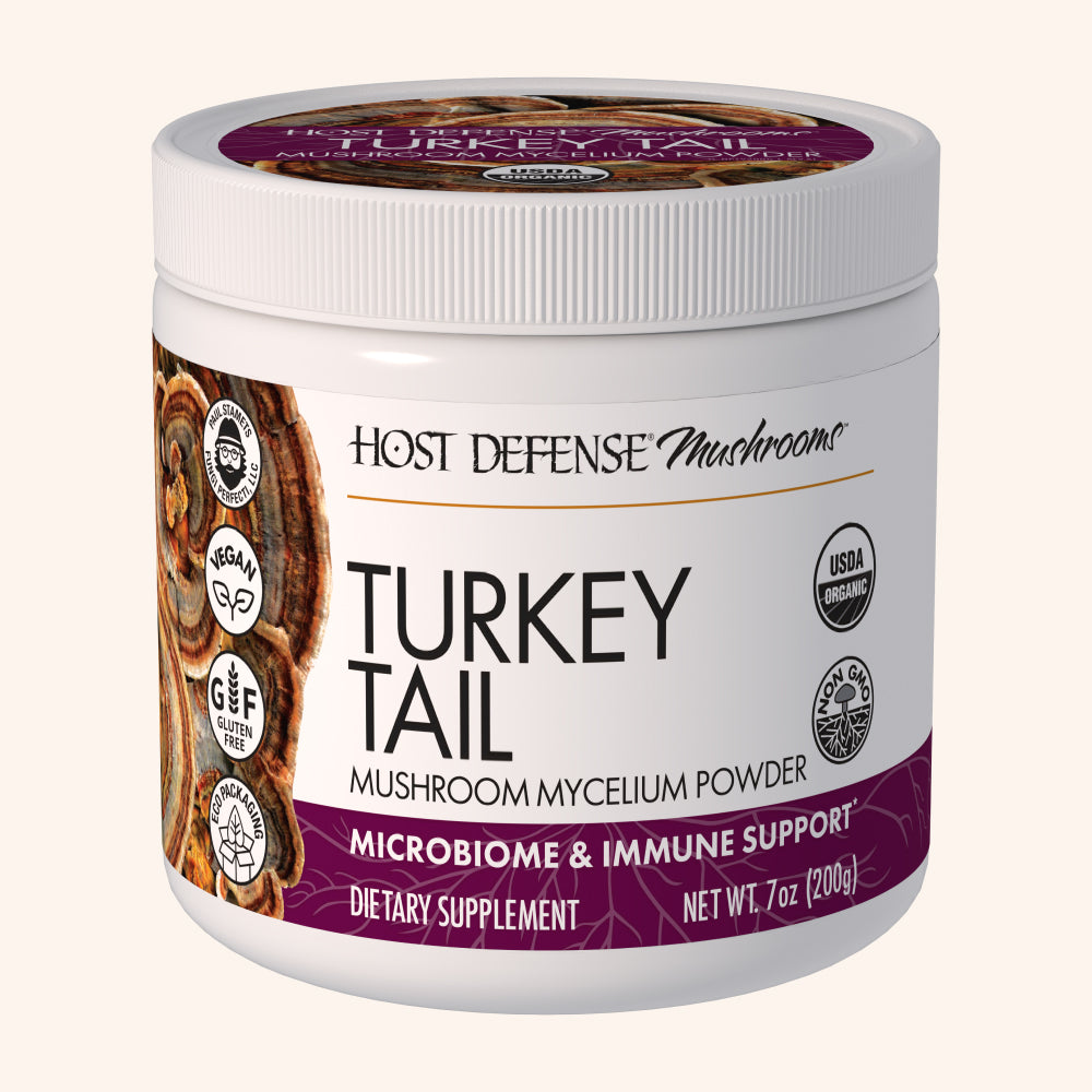 Turkey Tail Powder, 3.5oz container, Host Defense Mushrooms ad.