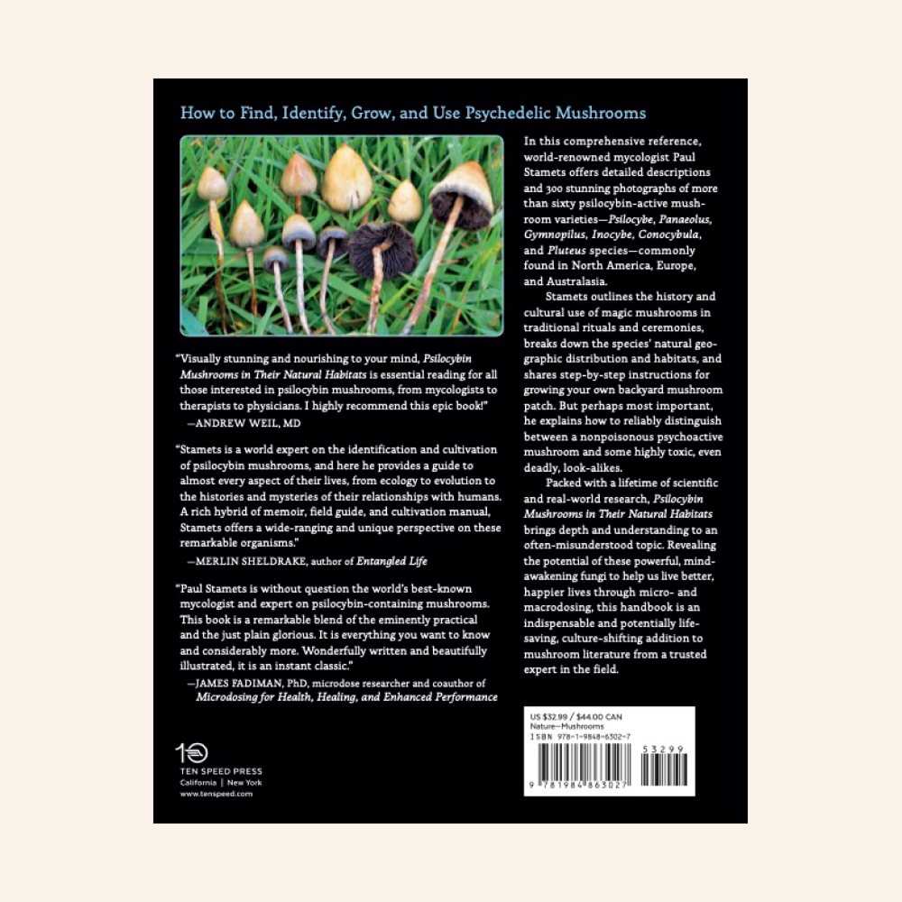 The back cover of a book titled 'How to Find, Identify, Grow, and Use Psychedelic Mushrooms' by Ten Speed Press, featuring a dark background with white text, a quote, author name, barcode, and small mushroom illustrations.
