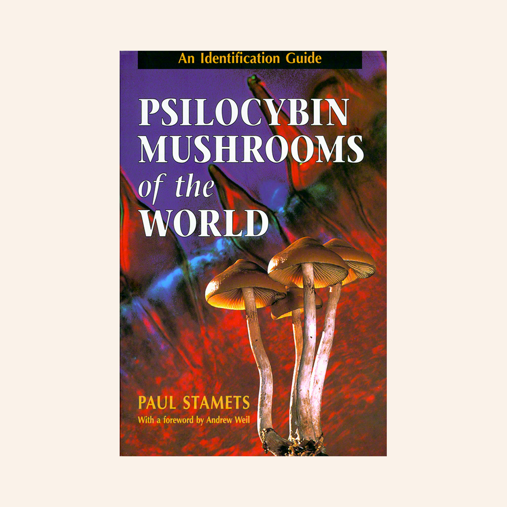 The front cover of the book 'Psilocybin Mushrooms of the World: An Identification Guide' by Paul Stamets, featuring a vibrant, textured background of red, orange, and purple with three detailed mushrooms in the foreground.